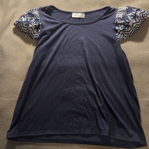 Navy Blue Women's Top with Patterned Sleeves